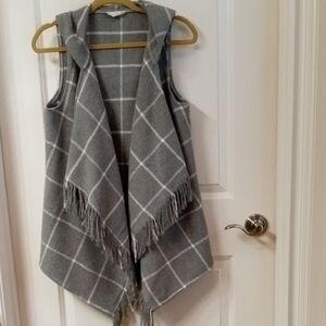 Altar'd State Gray Plaid Hooded Vest with Fringe and Pockets